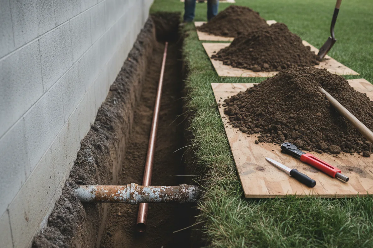 Excavated water line trench during Sewer Line Repair in Duluth